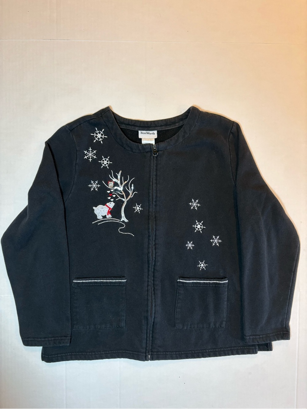 Bon Worth VTG Black Fleece Zip Holiday Embroidered Jacket Size Petite M